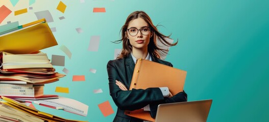 A woman in a suit stands in front of a mess of paperwork She is looking at the camera with a confident expression. AIGZ01