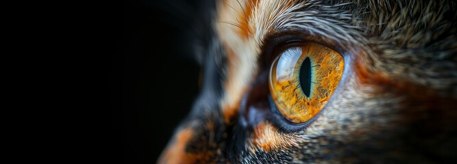 Close-Up of Beautiful Calico Cat, Beautiful Eyes, Black Background, Copy Space.