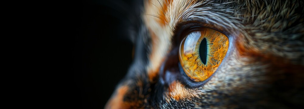 Close-Up of Beautiful Calico Cat, Beautiful Eyes, Black Background, Copy Space.