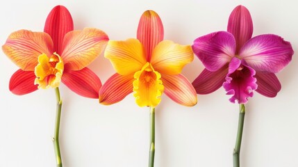 Close up of three vibrant orchid blooms on a white backdrop