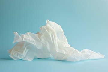 scrunched used tissue isolated on plain blue studio background, illness, sickness