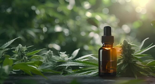 Medical CBD Oil from Marijuana Plant in a Bottle. Concept CBD Oil, Medical Marijuana, Health and Wellness, Cannabis Extract, Therapeutic Remedies