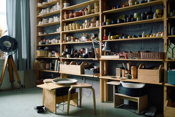 No people wide shot of potters wheel and handmade earthenware on shelves in pottery interior, copy space