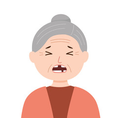 Senior woman with missing teeth in flat design on white background. Old woman loss her tooth.