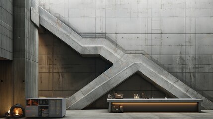 A modern industrial interior with a concrete staircase, sleek linear counter, and high-tech equipment in a spacious, minimalist setting.