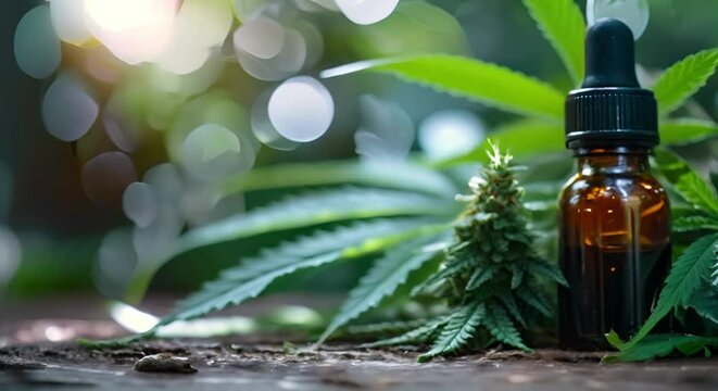 CBD oil in bottle derived from marijuana plant for medical use. Concept CBD oil, Marijuana-derived, Medical use, Health benefits, Natural remedy