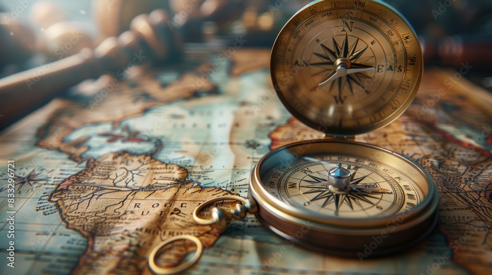 Wall mural travel geography navigation concept background - old vintage retro compass with sundial and spyglass