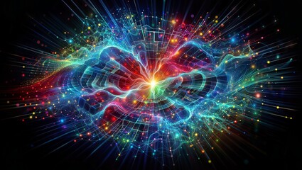 Obraz premium This captivating image showcases a vibrant, digital explosion of colors with a central burst of energy, radiating outward in a symmetrical pattern.