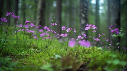 Purple wildflowers blooming in the village forest