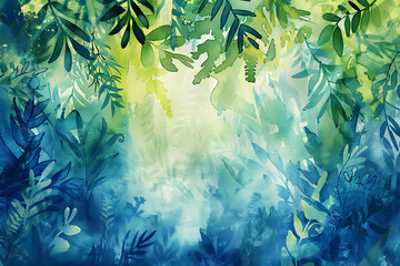 A vibrant watercolor ecology background featuring lush greenery and blue hues, evoking a sense of nature's beauty.