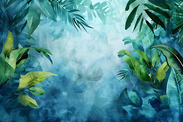 A vibrant watercolor ecology background featuring lush greenery and blue hues, evoking a sense of nature's beauty.