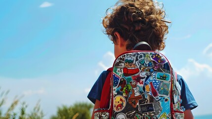 Obraz premium Young boy with curly hair wearing a vibrantly decorated backpack stands outdoors, gazing at the clear blue sky.