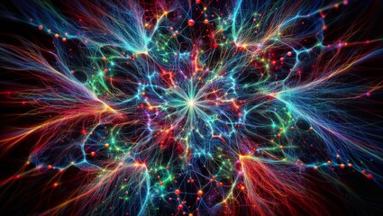 A vibrant, symmetrical digital artwork featuring a complex network of interconnected lines and nodes with a kaleidoscope of colors, resembling a stylized neural network or a cosmic web.