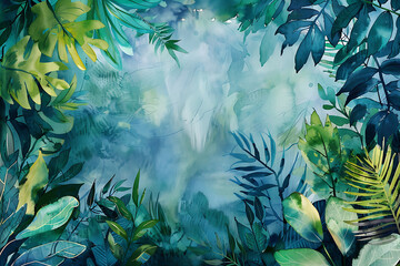 A vibrant watercolor ecology background featuring lush greenery and blue hues, evoking a sense of nature's beauty.