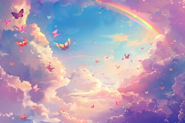 Whimsical dreamlike sky with butterflies and a rainbow, soft pastel colors creating a surreal, magical and peaceful atmosphere.