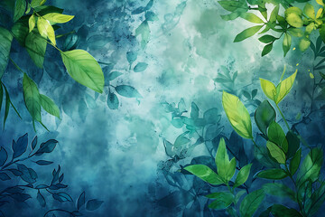 A vibrant watercolor ecology background featuring lush greenery and blue hues, evoking a sense of nature's beauty.
