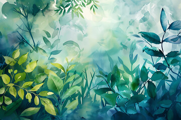 A vibrant watercolor ecology background featuring lush greenery and blue hues, evoking a sense of nature's beauty.