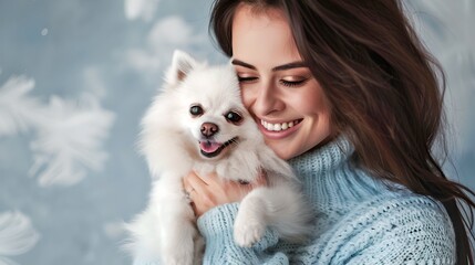 Happy woman embraces cute white dog. Joyful moment in winter-themed setup. Portrait photo captures love and warmth. Perfect for animal lover and pet care themes. AI