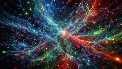 Fototapeta premium A mesmerizing digital art piece showcasing a vibrant, interconnected web of neon lights and glowing nodes, reminiscent of a futuristic neural network or a cosmic event.