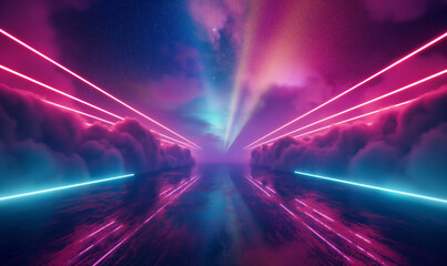 A surreal landscape with neon light lines cutting through clouds and reflecting on the ground, symbolizing data transfers and digital communication