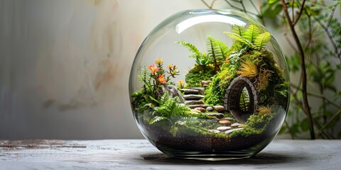 Terrarium avec paysage miniature de forêt et pont en pierres