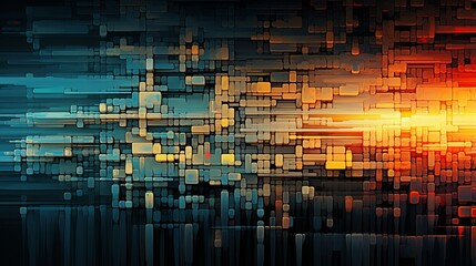 Geometric background with blue, orange, yellow rectangles.