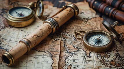 Vintage compass, goose quill pen, spyglass and a pocket watch lying on an old map. 
