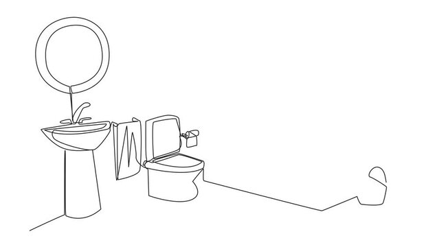 Animation of single continuous line drawing stylish bathroom with full furniture modern. Combined dry and wet toilets. Extra care to keep it hygienic. Simple style bathroom. Full length motion