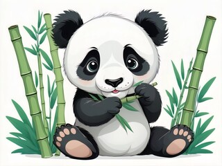 Cute panda cub eating bamboo, vector art