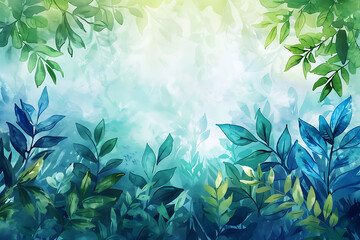 A vibrant watercolor ecology background featuring lush greenery and blue hues, evoking a sense of nature's beauty.