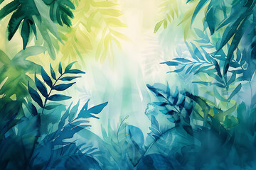 A vibrant watercolor ecology background featuring lush greenery and blue hues, evoking a sense of nature's beauty.