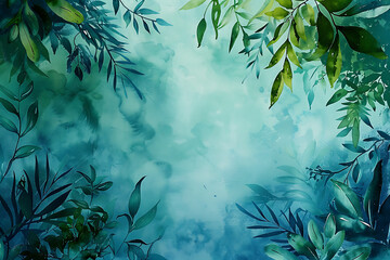 A vibrant watercolor ecology background featuring lush greenery and blue hues, evoking a sense of nature's beauty.