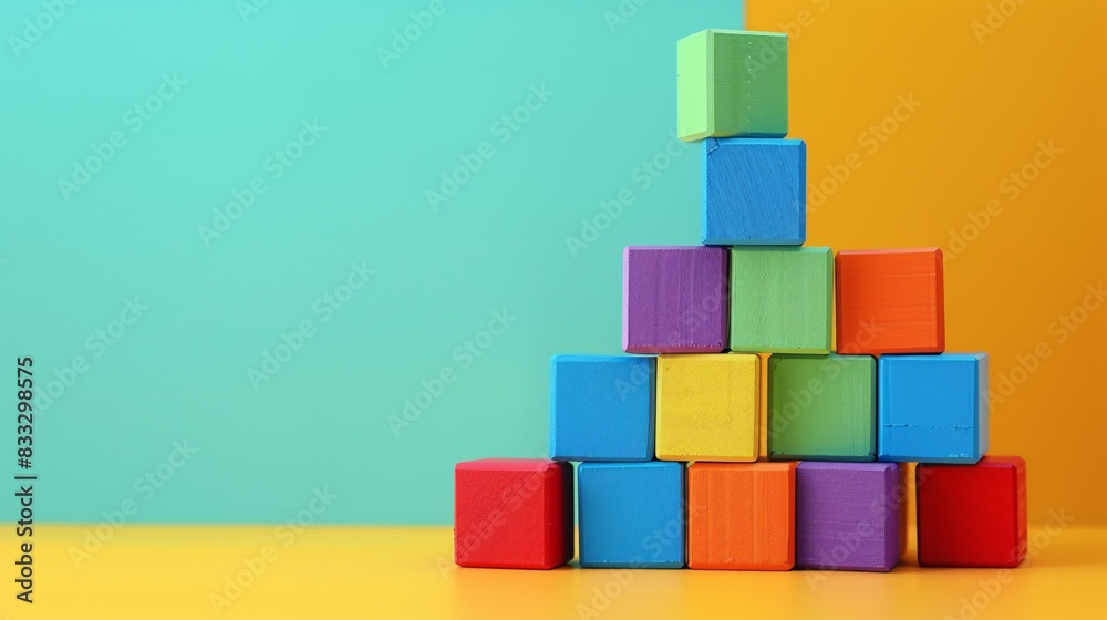 Poster a pile of colorful building blocks stacked creatively on a plain surface, with open space on the lef