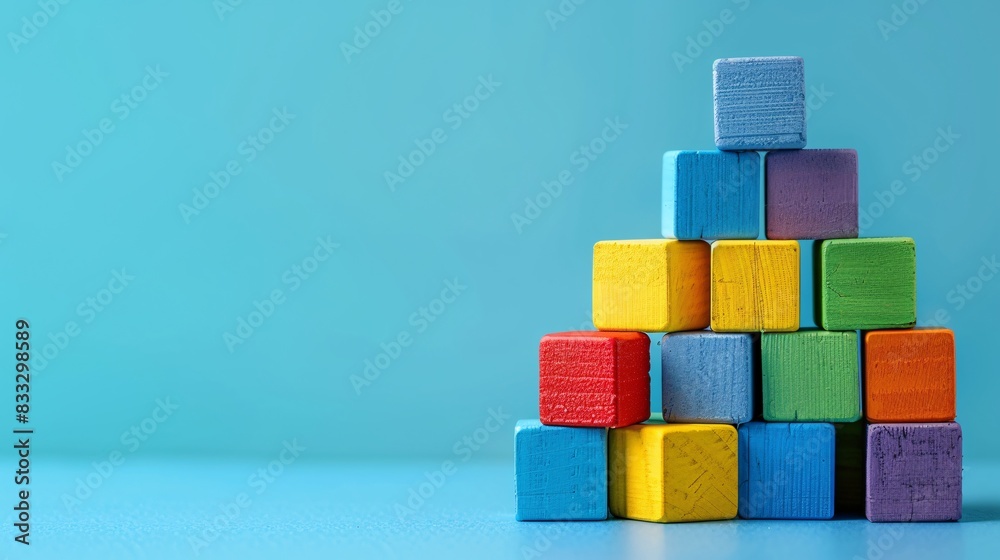 Poster a pile of colorful building blocks stacked creatively on a plain surface, with open space on the lef