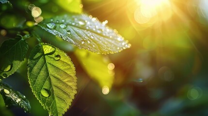  Beautiful water drops sparkle in sun on leaf in sunlight.