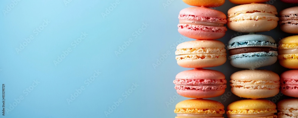 Poster a column of colorful macarons stacked on a simple background, with space above and below for text.