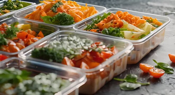 Nutritious Lunch Box Catering Service for Daily Takeaway Orders. Concept Healthy Eating, Daily Meals, Lunch Delivery, Takeaway Service, Catering Service
