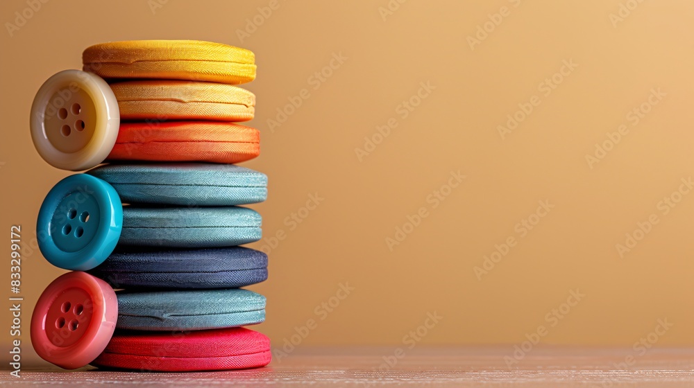 Poster a stack of colorful buttons piled high on a neutral background, with ample space above for text.