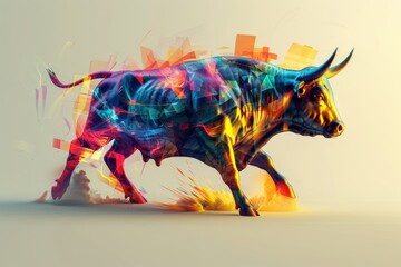 A 3D render illustration of a powerful bull representing a strong market, depicted with dynamic movement and vibrant colors, showcasing financial growth and optimism