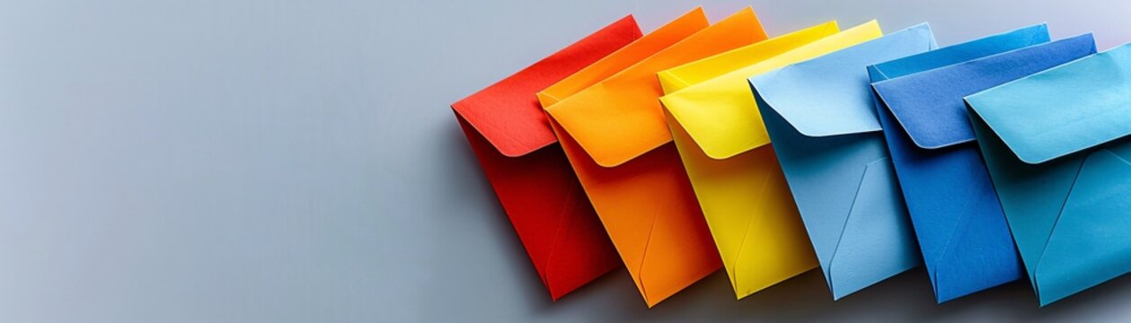 A neat stack of colorful envelopes fanned out against a plain surface, offering space on the right side for text.