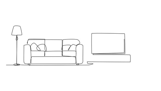 Animation of continuous one line drawing stylish family room with full furniture modern. Modern minimalist. Equipped with floor lamp for lighting needs and a television. Full length motion