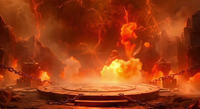 Battle Arena Inferno: Stone Circle Platform and Metal Chains. Concept Fantasy, Battle Arena, Inferno, Stone Circle, Metal Chains