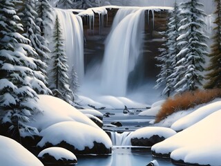 Naklejka premium Winter Waterfall Landscape Nature Oil Painting Art