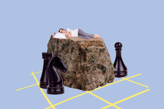 Creative image collage rock stone fragment young girl daydream sleep take nep chess figures knight boardgame checkered background