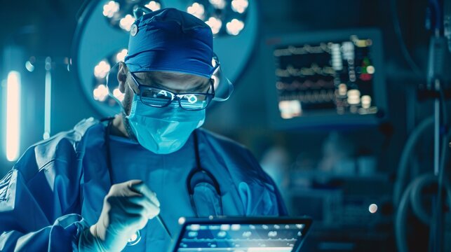 Surgeon, doctor and tablet for hospital, healthcare or clinic research, online planning and schedule management. Medical professional typing on digital technology for surgery results, charts or data