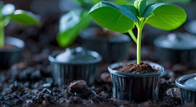 Grow plants with compostable espresso capsules for ecofriendly recycling and zero waste. Concept Eco-friendly gardening, Sustainable living, Recycling tips, Zero waste lifestyle