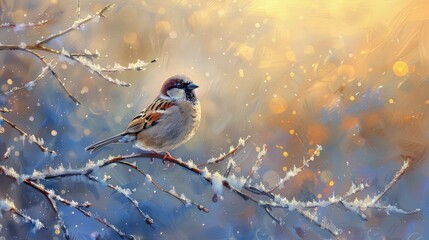  A sparrow perched on a frosty branch, Bokeh backgrounds in macro, which gleams in the sunset's rays, this painting highlights quiet and delight, a burning trail blazes through the void