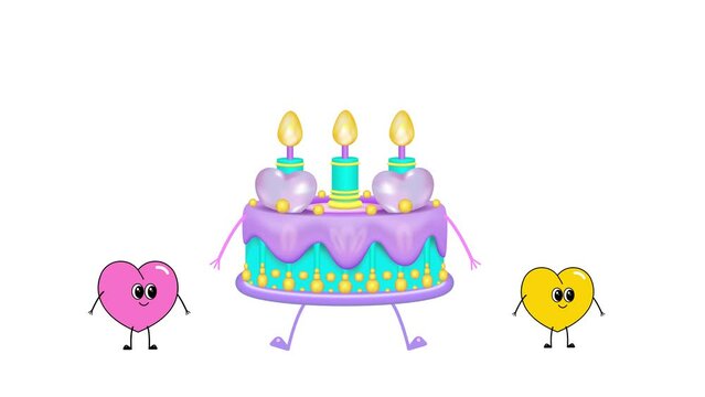  A birthday cake with icing, candles and hearts is running for a birthday.