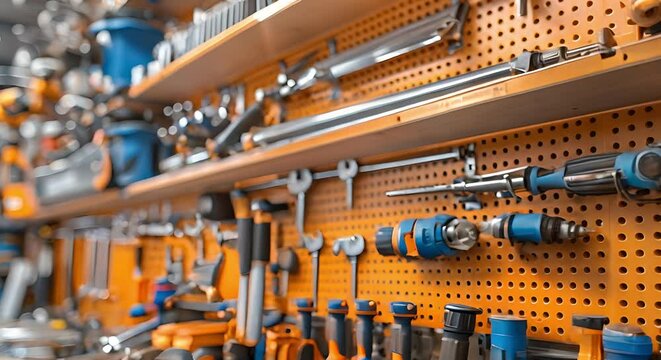 Organize tools in a home garage workshop with a pegboard wall. Concept Pegboard Wall Organization, Garage Workshop, Tool Storage, DIY Solutions, Workspace Optimization