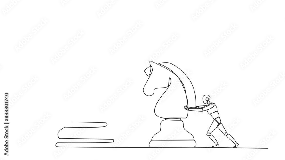 Poster self drawing animation of continuous one line drawing smart robot future tech push huge horse chess 